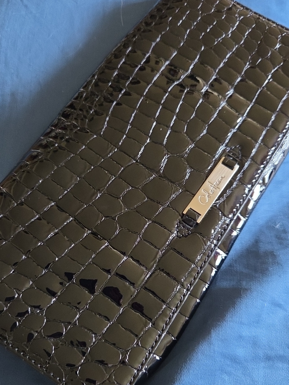 Cole Haan Glossy Black Croc-Embossed Fold-Over Clutch